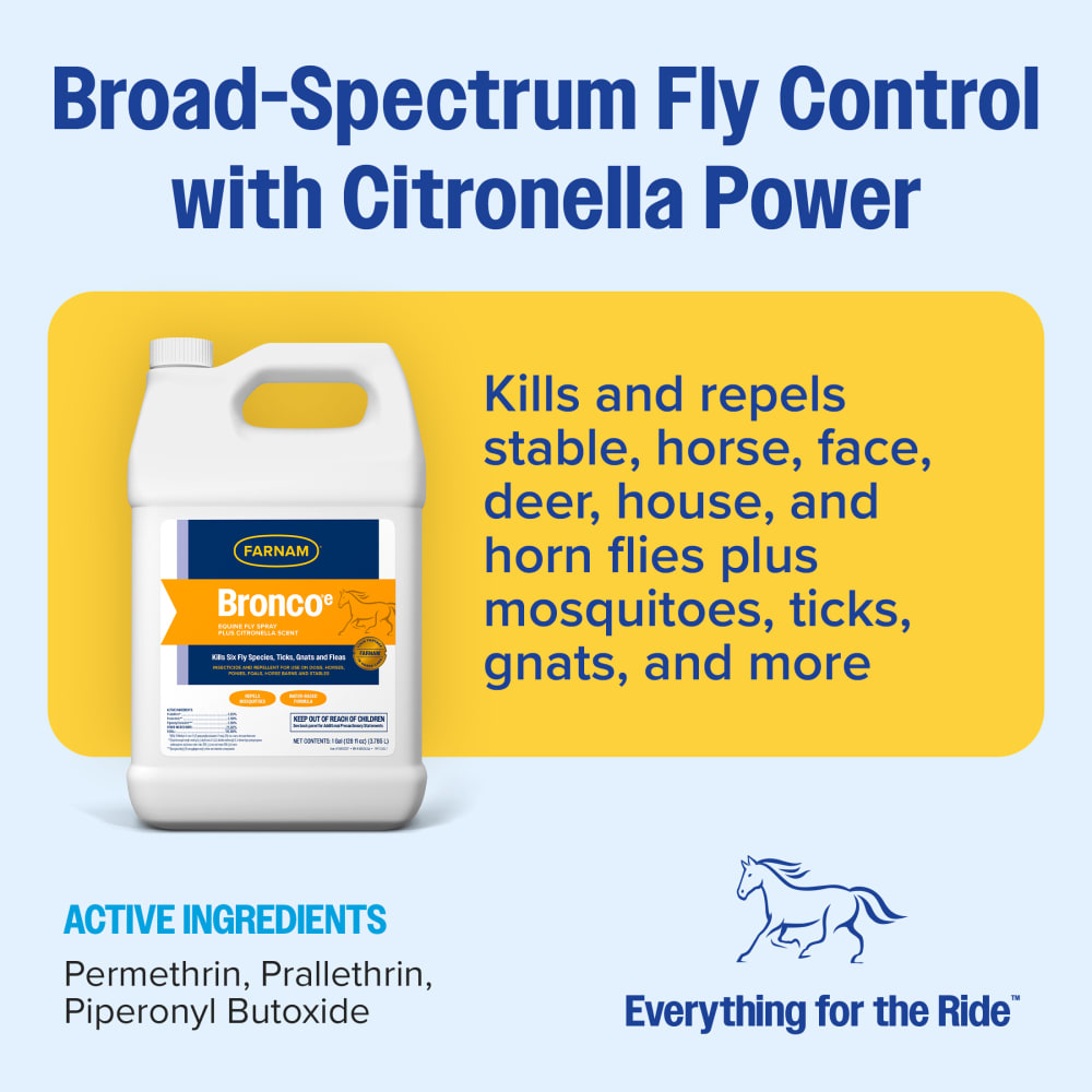 Bronco e 128oz jug highlighting broad-spectrum fly control with citronella