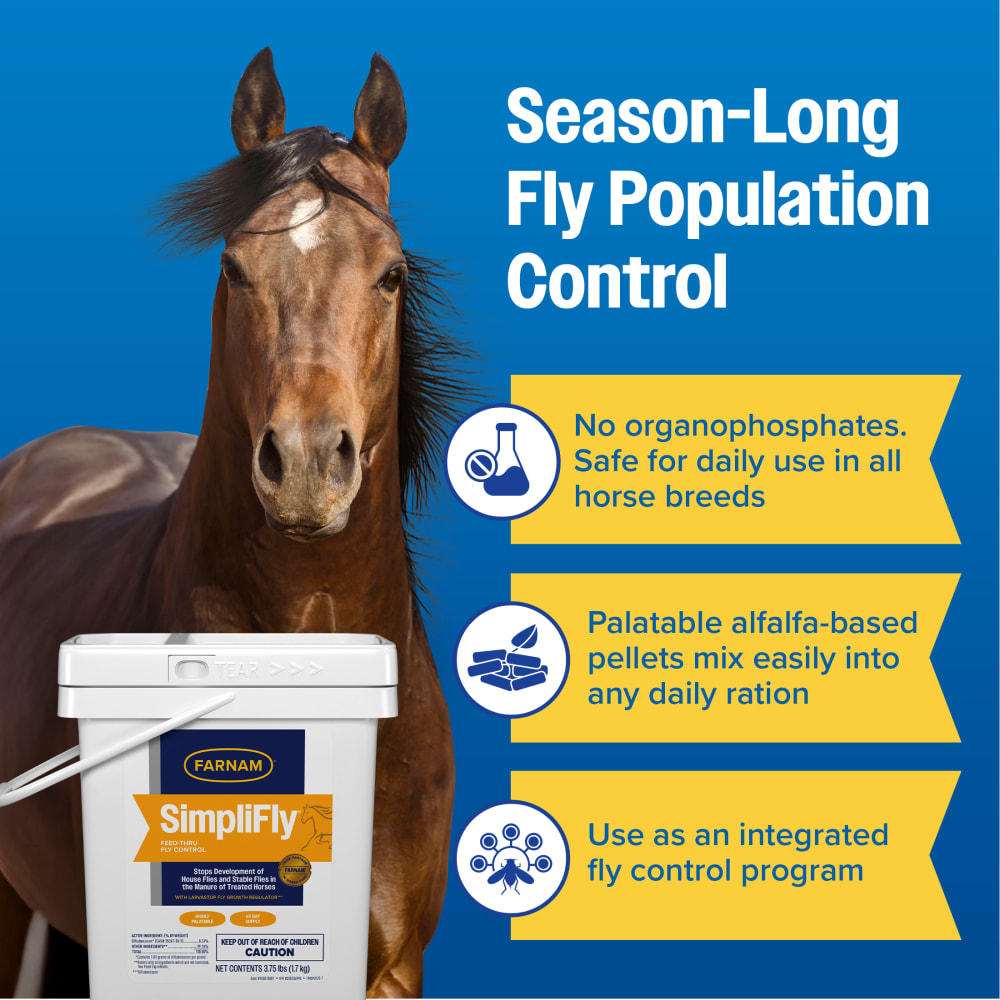 SimpliFly bucket next to a horse highlighting season-long fly control benefits