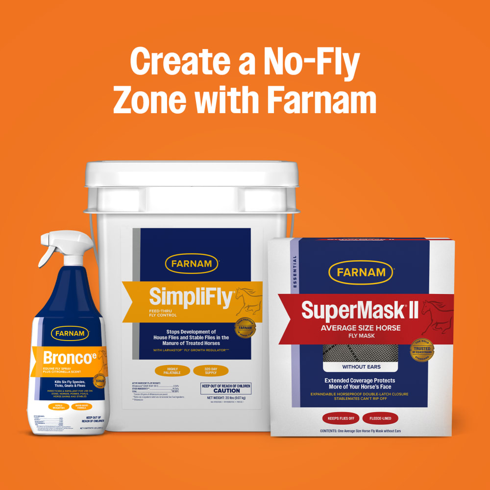 Farnam no-fly zone product lineup: Bronco e, SimpliFly 20 lb, and SuperMask II