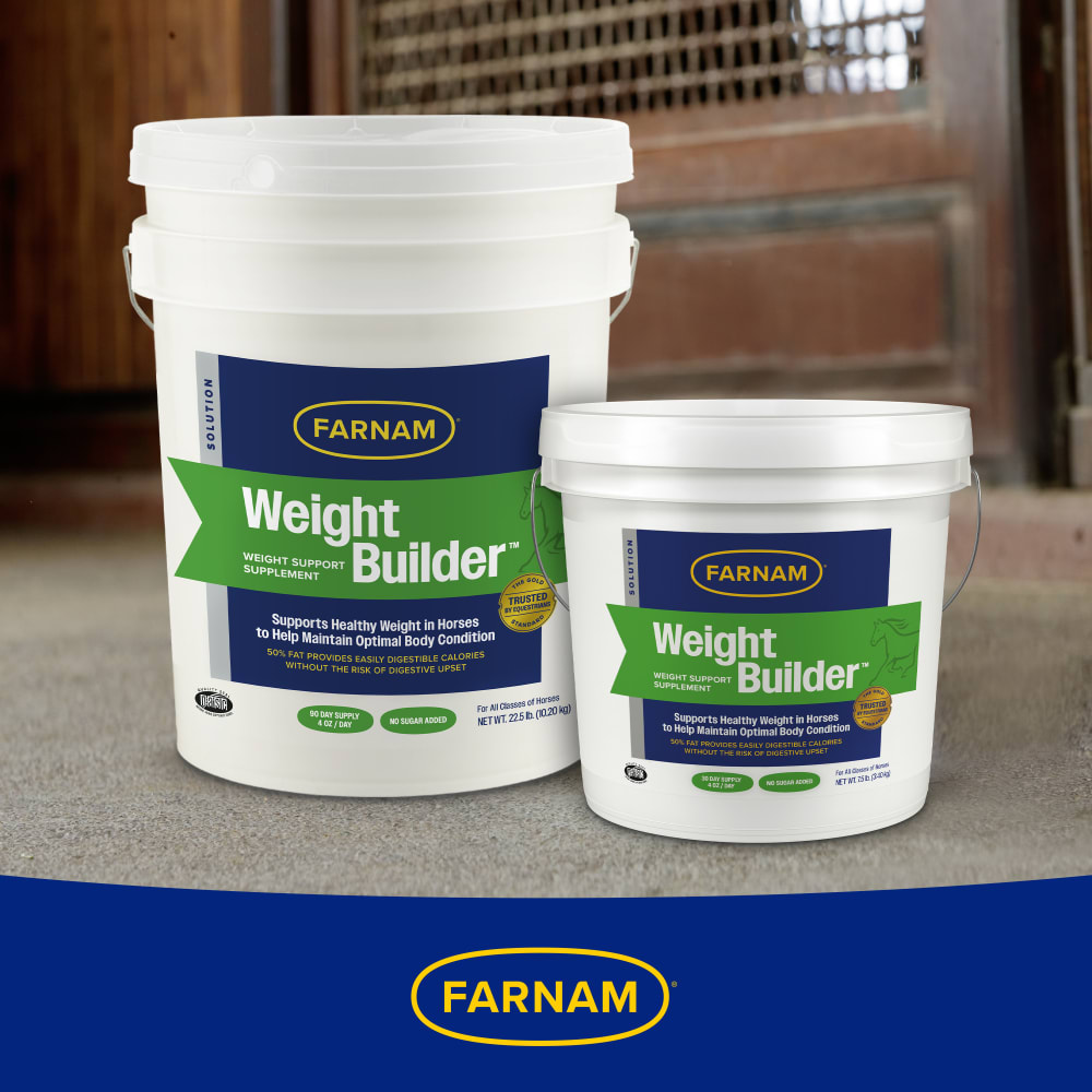 Buckets of farnam weight builder equine weight supplements in a barn