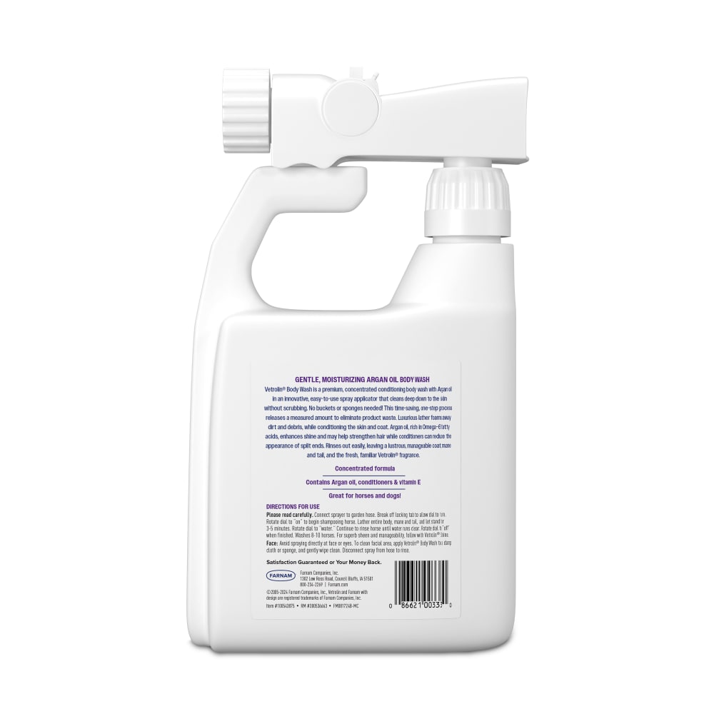 Back of retail packaging for farnam vetrolin body wash gentle moisturizing argan oil formula