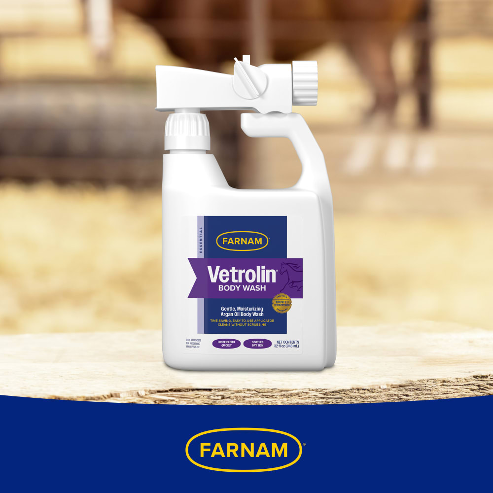 Retail package of farnam vetrolin body wash displayed in stable setting