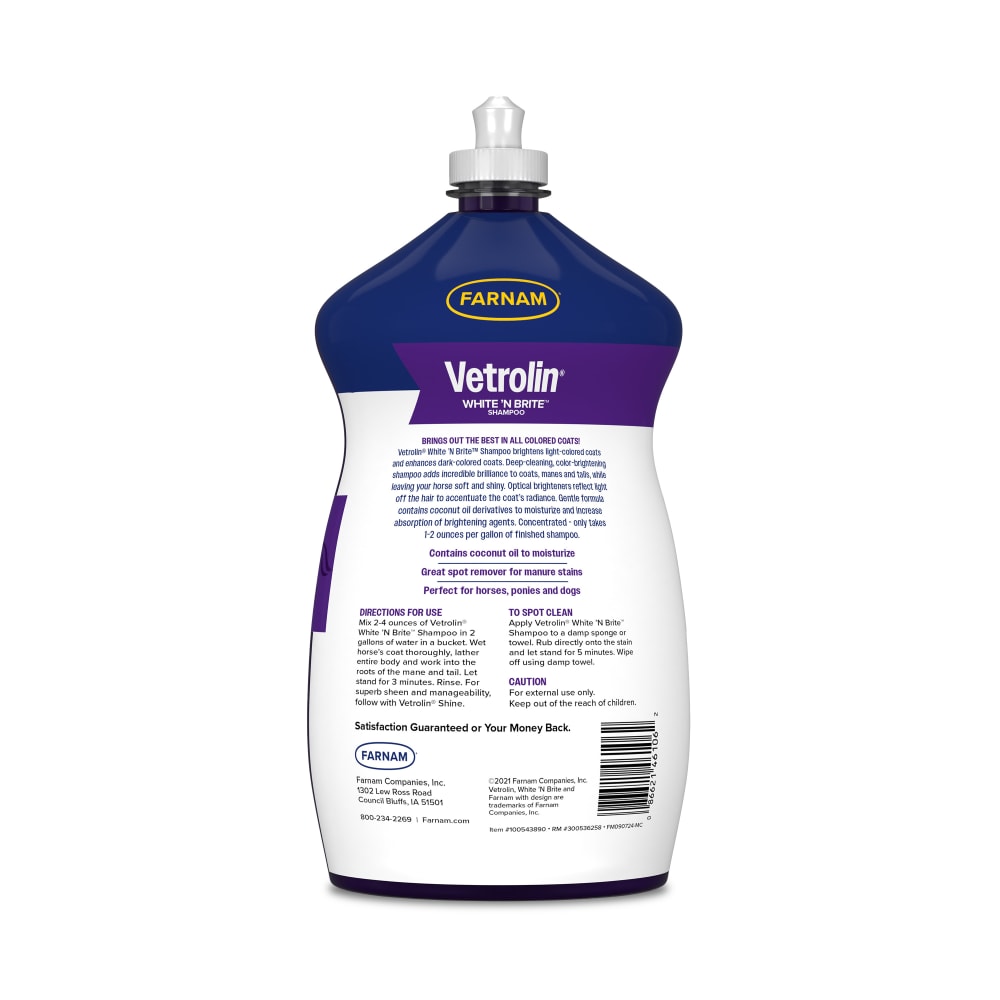 Back of retail packaging for farnam vetrolin white 'n brite shampoo, for horses and dogs