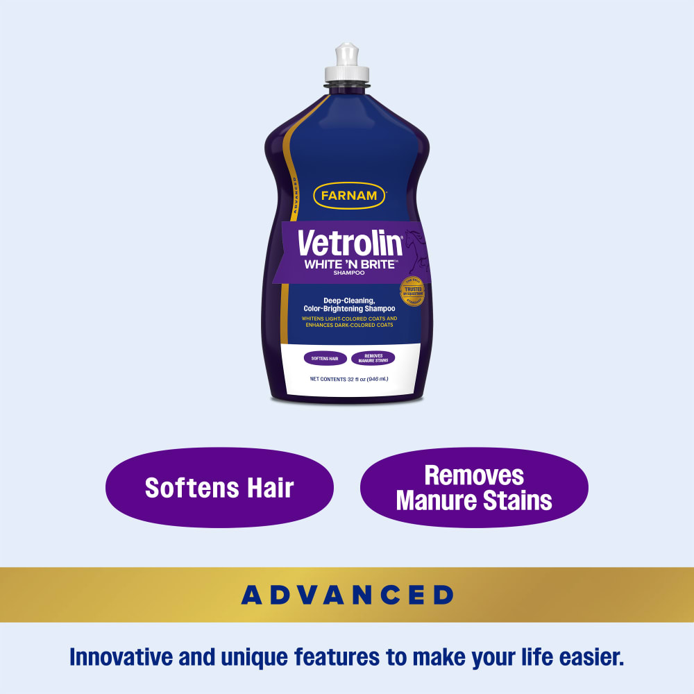 Farnam vetrolin white 'n brite shampoo, for horses and dogs, softens hair and removes manure stains