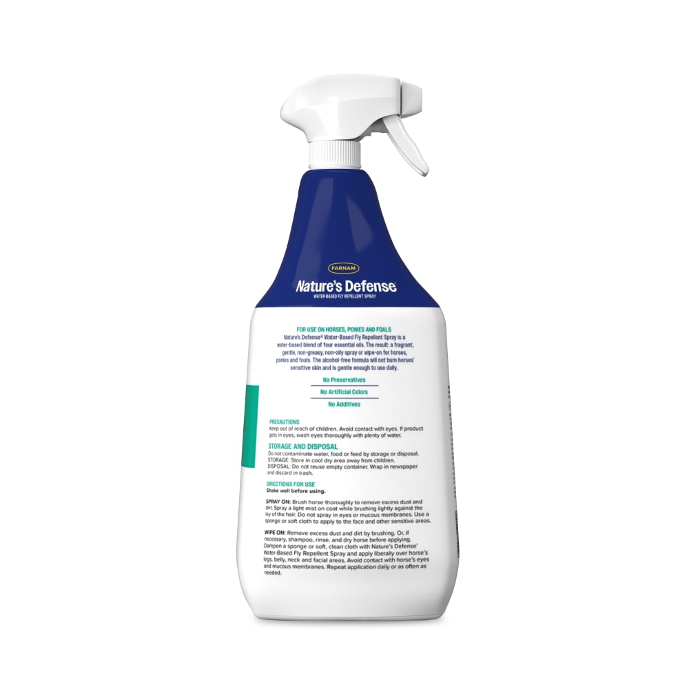 Back of retail packaging for farnam natures defense water-based botanical fly repellent spray