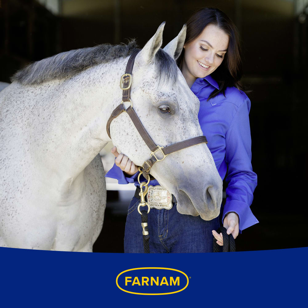 Woman smiling and petting a white horse affectionately. Farnam logo