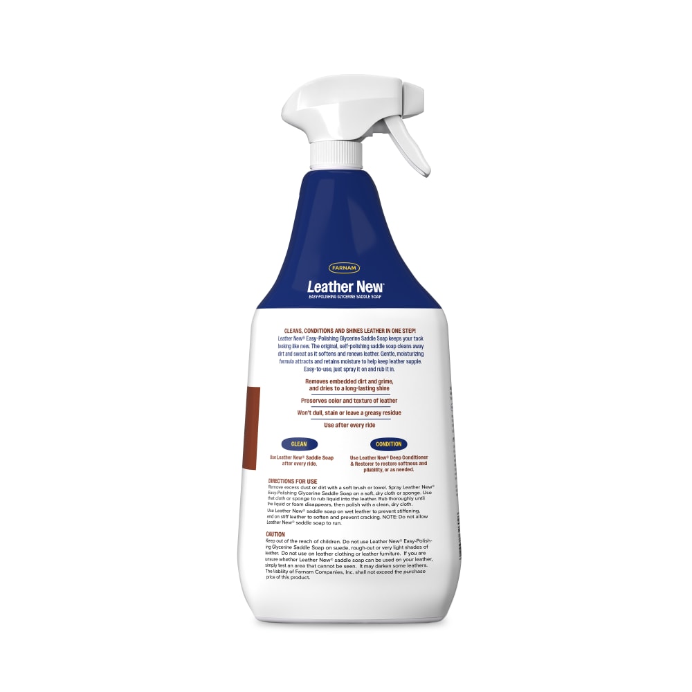 Back of retail packaging for farnam leather new easy polishing glycerine saddle soap and leather cleaner
