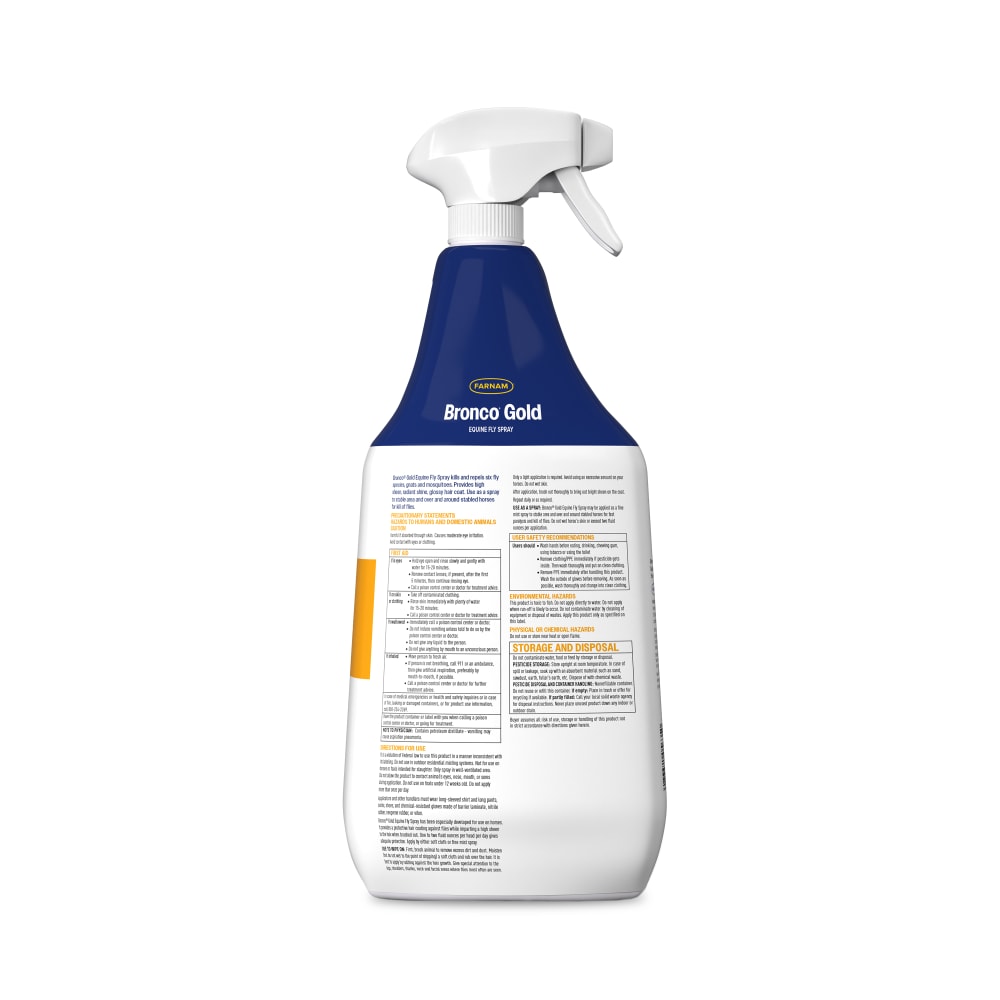 Back of retail package for farnam bronco gold equine fly spray