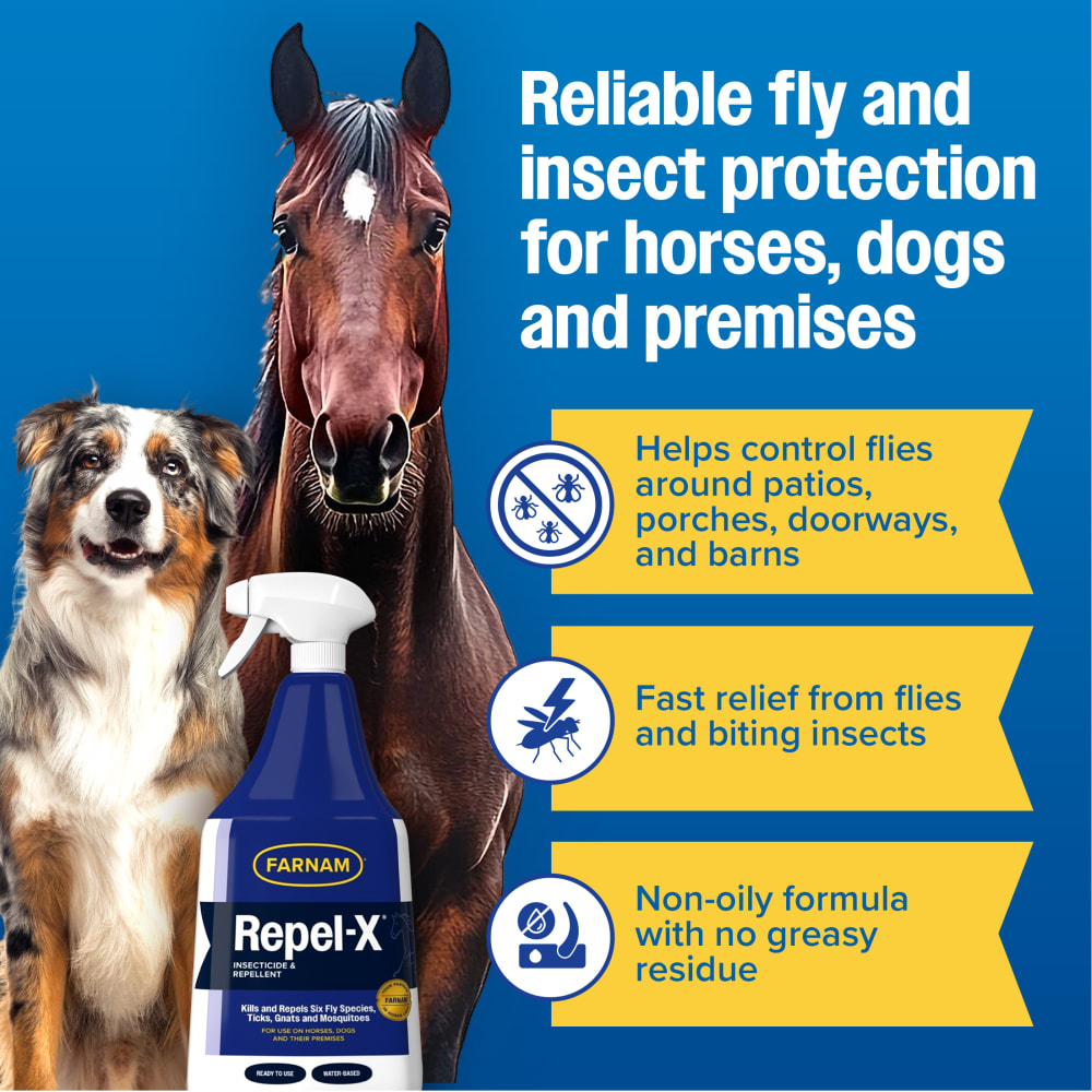 Repel-X RTU bottle with a horse and dog highlighting multi-animal insect protection