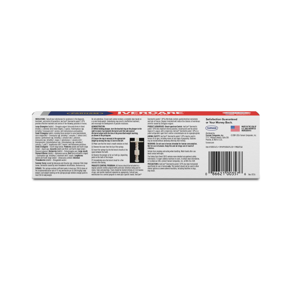 Back of retail packaging for farnam ivercare ivermectin paste