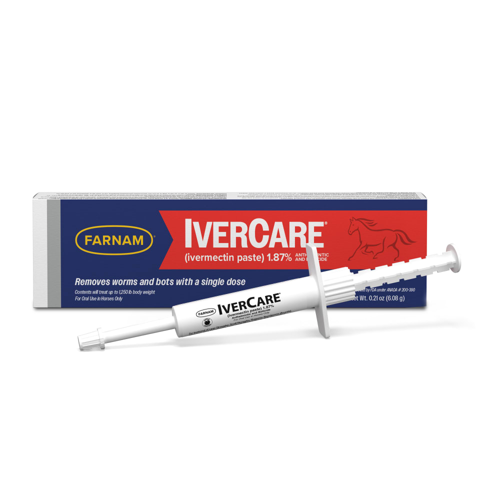 Retail package for farnam ivercare ivermectin paste showing syringe in front of product box