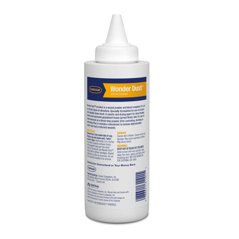 Back of retail packaging for farnam wonder dust wound powder for horses