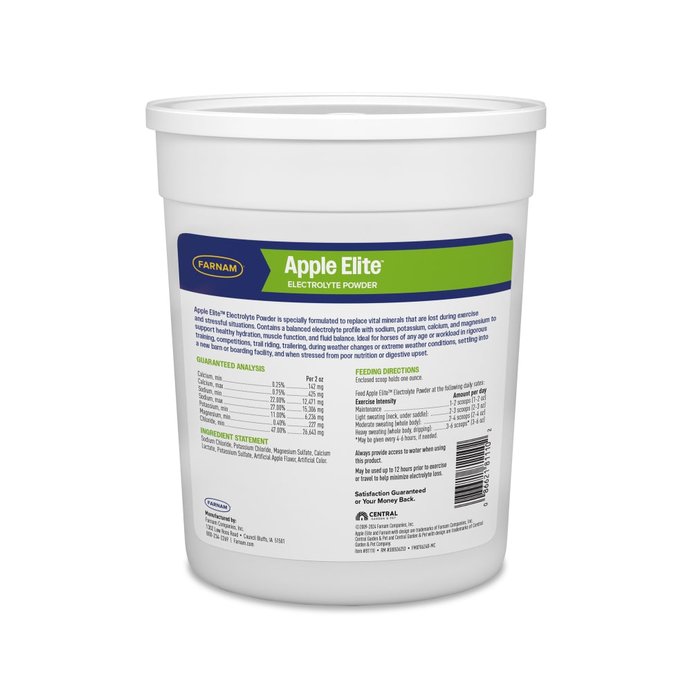 Back of packaging for Farnam apple elite electrolyte powder supplement for horses